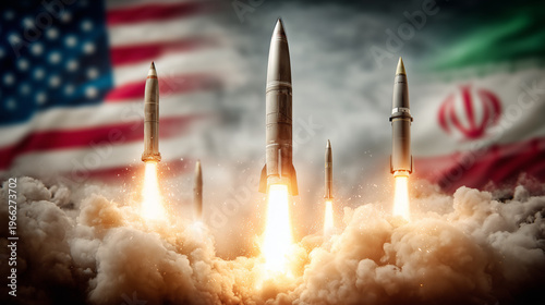 Rising Tensions: A powerful image portraying the potential for conflict as missiles ascend, with the flags of the United States and Iran in the background.