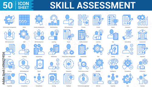  Skill Assessment  editbale Icon Set Collection Concept With Icon Of performance management, rubric, quality management, benchmarking, self assessment, process, criteria, result, and more.