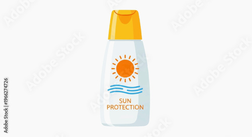 A vector graphic illustration of a sunscreen bottle with sun protection