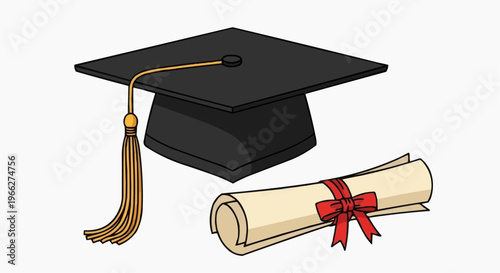 A vector graphic illustration of a graduation cap and diploma