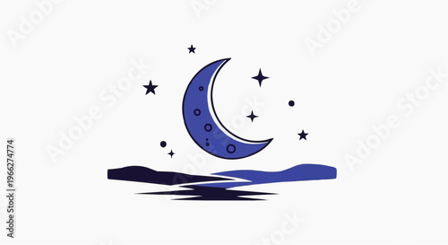 A minimalist vector graphic of a crescent moon and stars over water