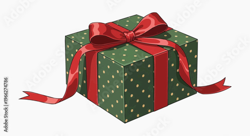A beautifully wrapped green gift box with a red ribbon and bow
