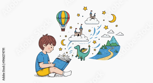 A young boy sitting and reading a book with imagination and fantasy elements