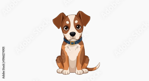 A cute cartoon dog sitting on a white background with a blue collar