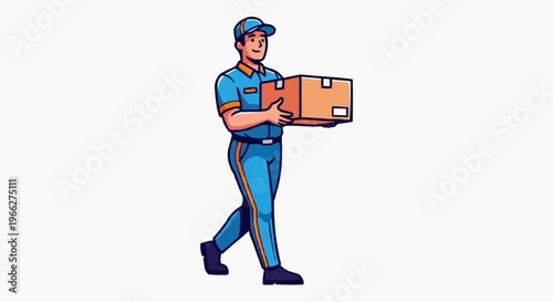 A delivery man carrying a cardboard box in a blue uniform
