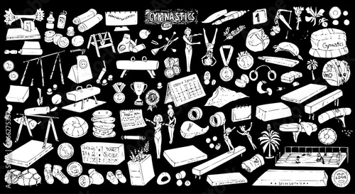 Hand-drawn doodle set of gymnastics equipment, athletes, and accessories in white silhouette style on a black background.