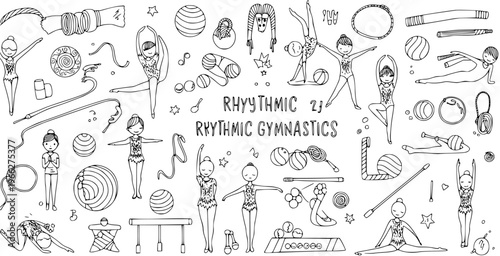 Hand-drawn Rhythmic Gymnastics Doodle Set with Girls and Apparatuses like Ribbons, Balls, Hoops, and Clubs, Isolated on White Background