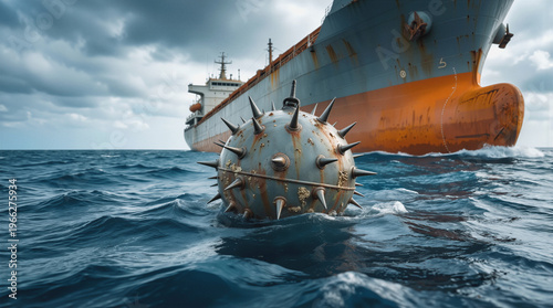 Spiked naval mine floating in path of large cargo ship. Concept of maritime security threats and shipping lane hazards in open ocean.
