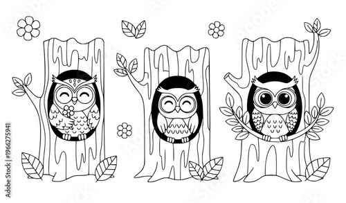 Cute Kawaii Owls in Tree Hollow Coloring Book Vector with Smiling Night Birds and Jungle Flowers