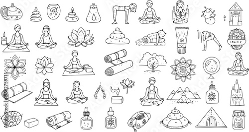 Hand-drawn Yoga, Meditation  Wellness Doodle Icons Set. Relaxing Zen lifestyle elements like yoga poses, lotus flowers, candles, massage tools, and spa items.