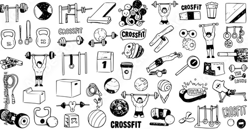 Hand-drawn doodle set of CrossFit and fitness workout gym equipment icons, including weights, barbells, kettlebells, ropes, and athletes on a white background.