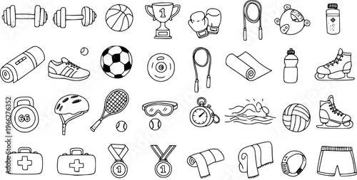 Hand-drawn doodle set of sports and fitness equipment icons. Black and white vector illustration collection for a healthy lifestyle.