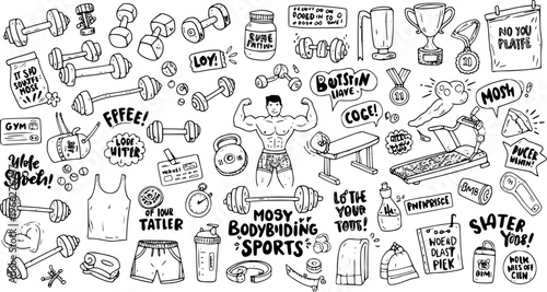 Hand-drawn Fitness and Bodybuilding Doodle Collection. Vector sketch set of gym equipment, workout gear, weights, and funny motivational quotes.