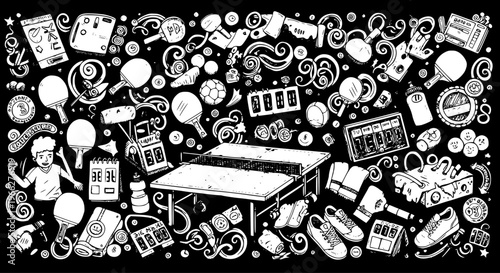 Hand-drawn table tennis doodle set. Cartoon ping pong sports equipment, rackets, balls, and game symbols on a black background vector illustration.