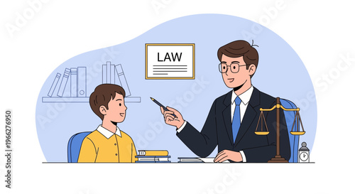 Professional lawyer explaining legal concepts to a young boy in an office setting