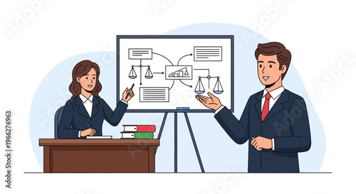 Lawyer couple conducting a legal process presentation with a whiteboard diagram