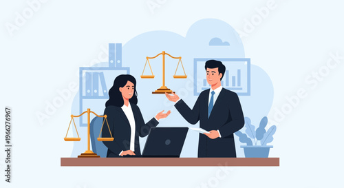 Two lawyers collaborating in an office, discussing legal case with scales of justice present