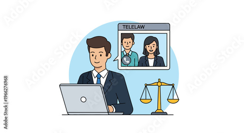 Lawyer conducting an online legal consultation via telelaw on a laptop with scales of justice in the background