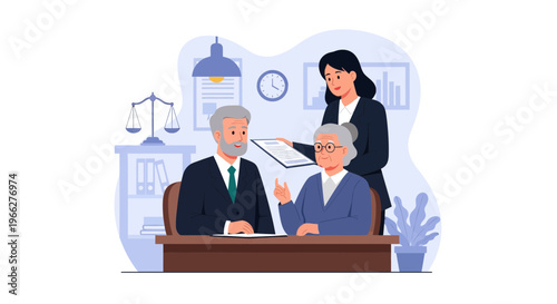 Legal Consultation Between a Lawyer and Elderly Clients in an Office Setting
