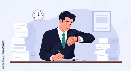 Stressed businessman checking his watch while writing at his desk in an office with a clock showing he is late