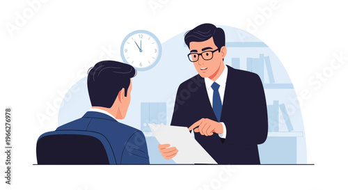 A professional lawyer reviews a dispute document with a client in an office setting, discussing legal matters.