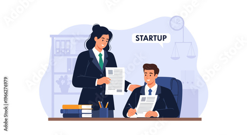 Lawyer assisting startup client with legal documents and business advice in an office setting