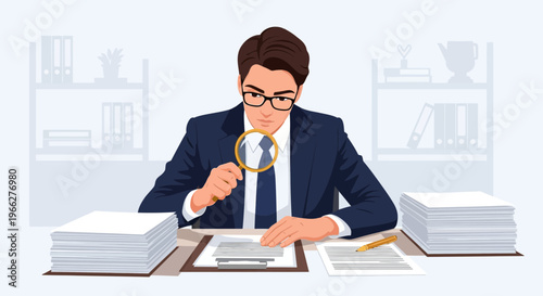 Focused lawyer analyzing contract details at desk with magnifying glass and stacks of papers