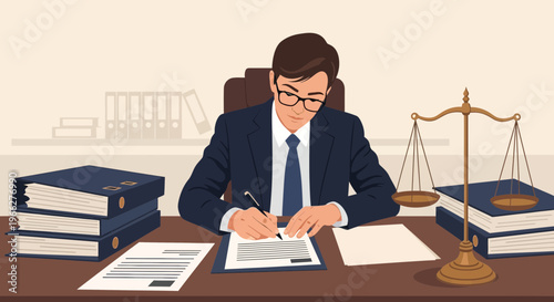 A focused lawyer in a suit and tie signs legal documents at his desk in an office.