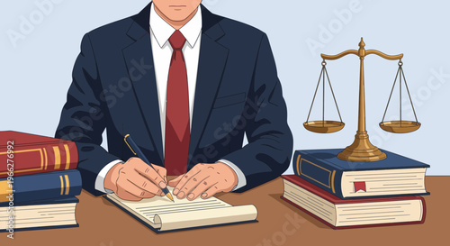 A lawyer in a dark suit and red tie meticulously writing notes on a document at a desk with legal books and scales of justice
