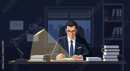A focused lawyer working late at his desk in a dimly lit office with a cityscape visible through the window.