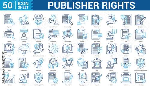Publisher Rights editable Icon Set Collection Concept With Icon Of plagiarism, audience, fair, public domain, proofreading, editing, and more. Illustration eps 10
