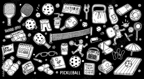 Hand-drawn doodle collection of pickleball sport equipment, accessories, and a player, depicting the game's essentials and active lifestyle on a black background.