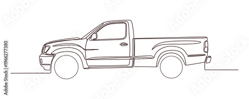 Pickup truck continuous line drawing vector graphic in profile view.