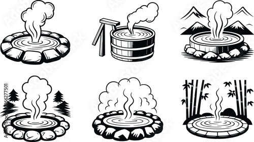 Hot spring icons vector illustration set, steaming geothermal spa pools, black white minimalist nature wellness design, outdoor thermal bath symbols