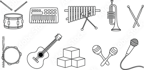 Musical instruments vector icon set, drum guitar trumpet keyboard maracas collection, black white music equipment illustration, sound performance design elements
