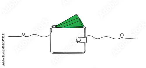 Leather wallet vector icon with money banknotes in continuous line drawing style.