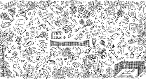 Paddle Tennis Hand Drawn Doodle Banner. Cartoon Vector Illustration of Padel Sport Objects and Elements.