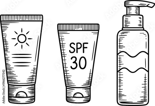 Sunscreen bottles vector illustration set, SPF cream tubes and lotion pump, skincare protection products, black white cosmetic packaging design