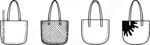 Tote bag vector illustration set, minimalist black white handbag collection, fashion accessory design, reusable shopping bag icons modern style