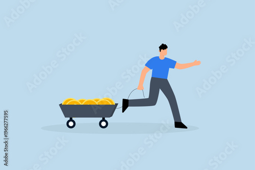 Success investor, rich and successful entrepreneur with heaps of cash golden coins in wagon