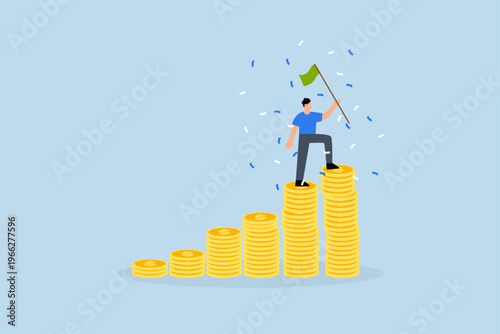 Financial success, successful entrepreneur waving a victory flag atop pile of coins