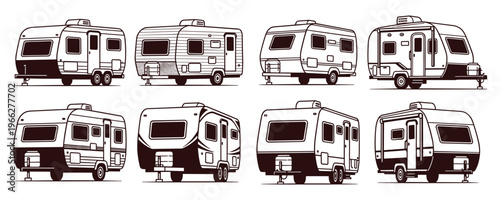 Caravan trailer vector set with various camper van models for road trip camping.