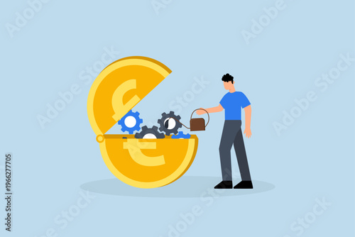 Euro monetary policy, businessman poured oil lubricant into an exposed Euro coin