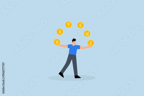 Currency exchange, wealthy businessman managing multiple foreign currency coins