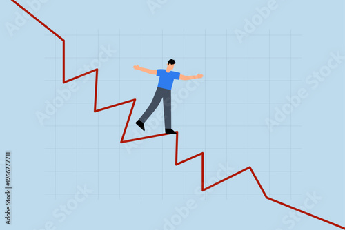 Investing in market downturn, businessman merchant juggler strolling on crimson downward trend chart