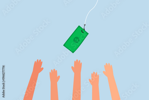 Fraud money, businessman reaches out, attempting to grasp fishing bait using dollar bill