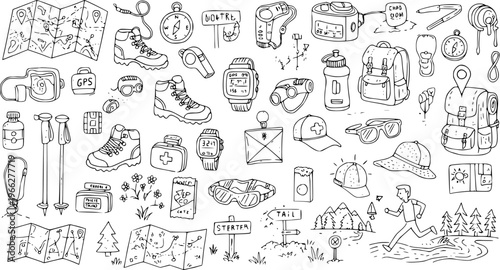 Hand-drawn doodle collection of outdoor hiking and camping essentials, gear, and nature elements in outline style.