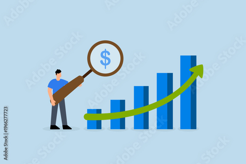 Revenue, businessman using a magnifying glass on dollar symbol with upward growth graph and chart