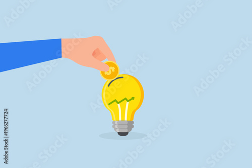 Invest in growth stock, businessman places coin on upward trend chart lightbulb