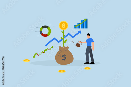 Investment growth, entrepreneur nurturing cash with an increasing financial graph